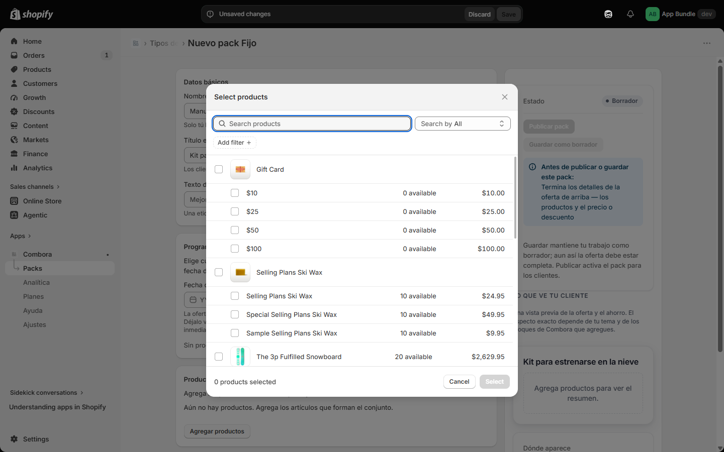 Selector de productos de Shopify