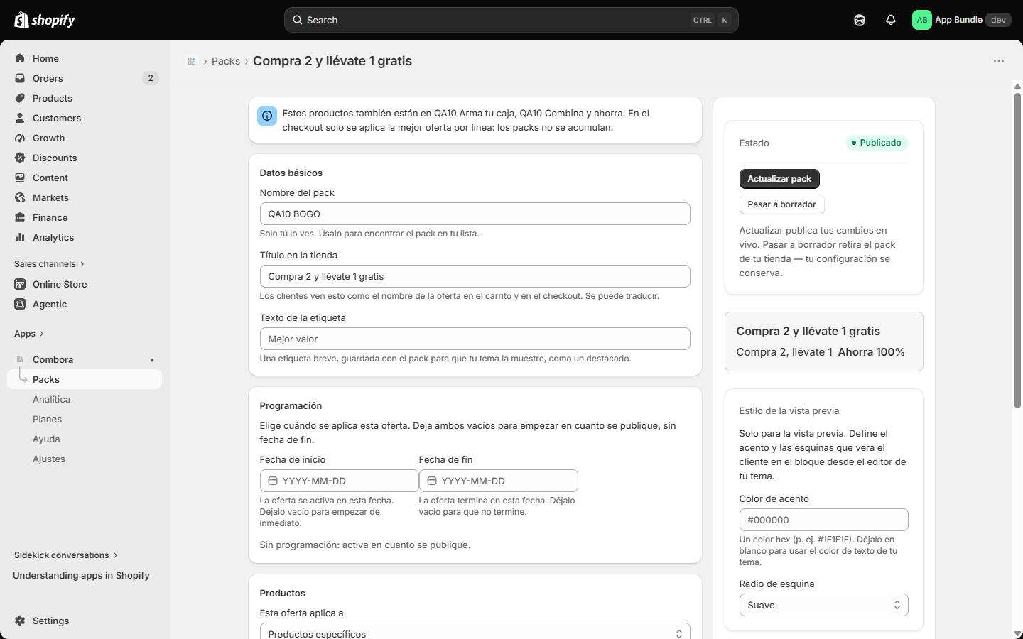 Editor BOGO — datos básicos con banner de solapamiento