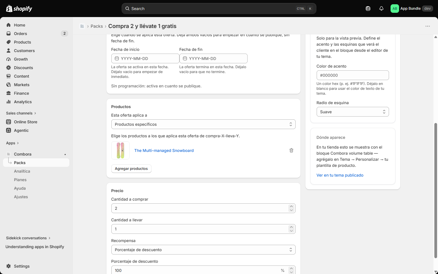 Editor BOGO — cantidad a comprar, a llevar y recompensa