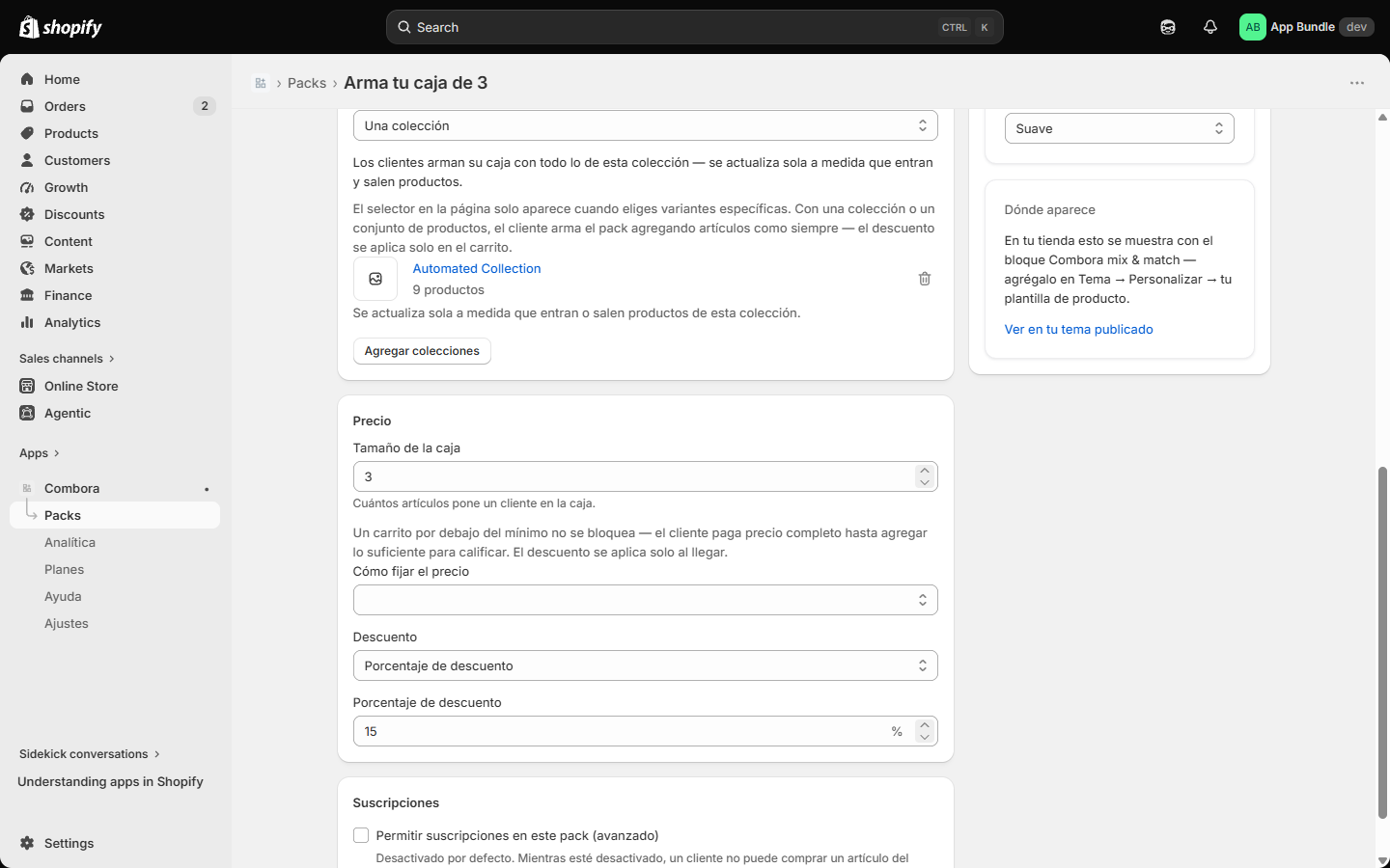 Editor arma tu caja con descuento porcentual