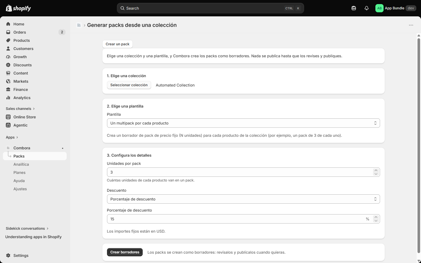 Generador configurado con colección y plantilla