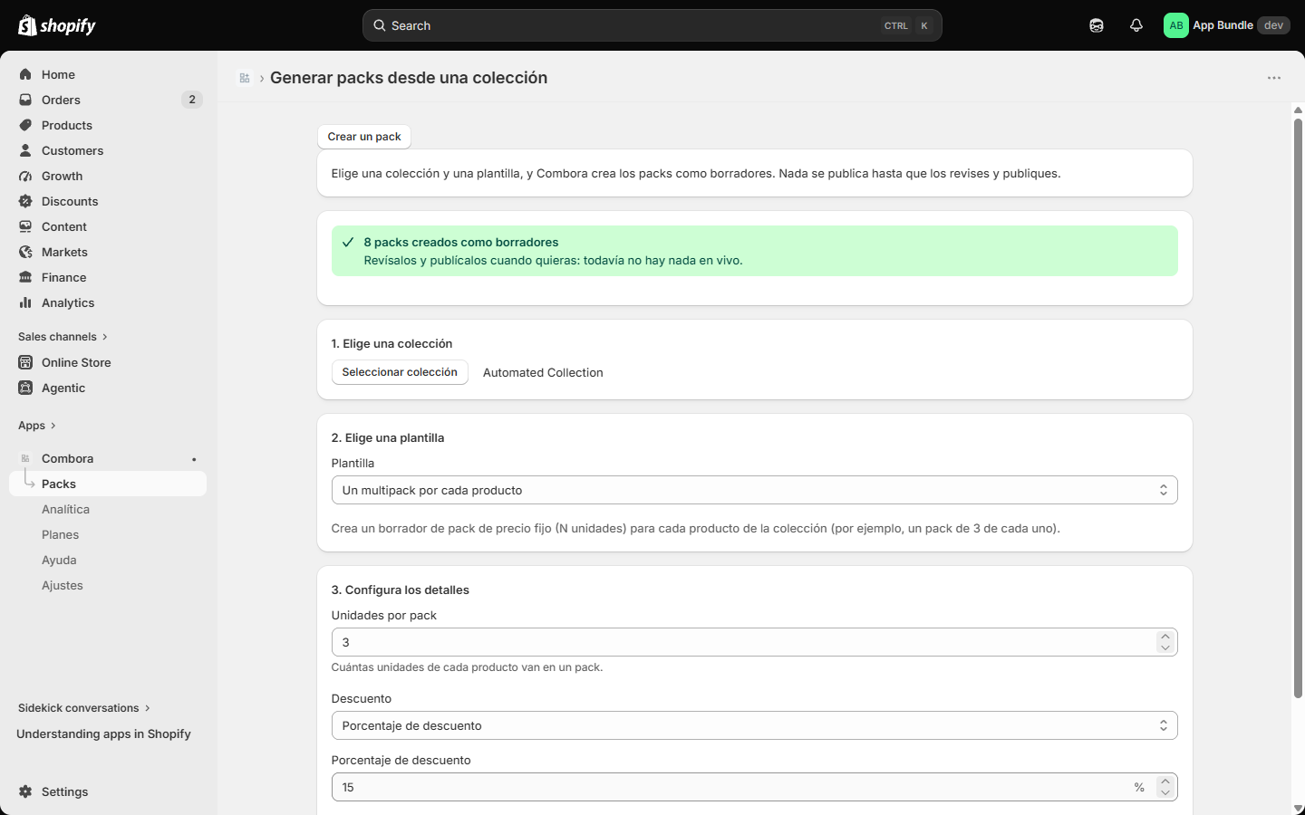 Resultado: 8 packs creados como borradores