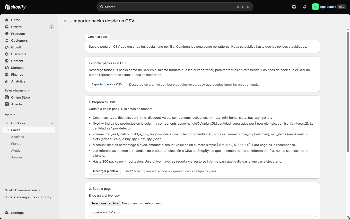 Página de importación CSV con la referencia de columnas