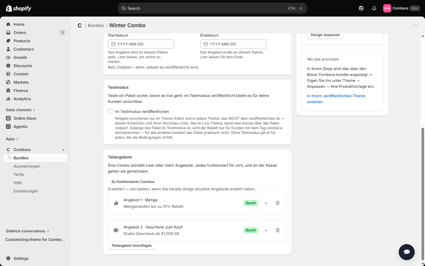 Combo-Editor mit zwei fertigen Teilangeboten