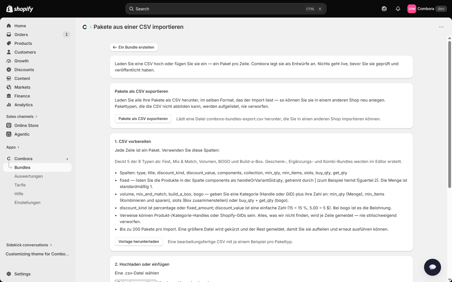 CSV-Import-Seite mit der Spaltenreferenz