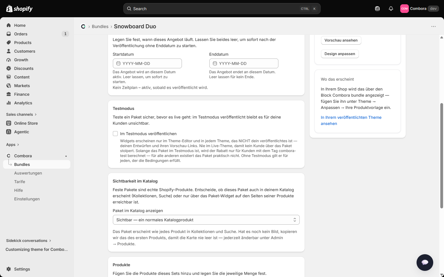 Testmodus und Katalogsichtbarkeit im Editor des festen Bundles