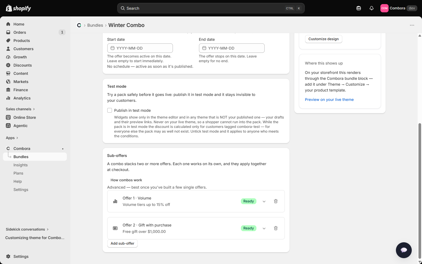 Combo editor with two sub-offers ready