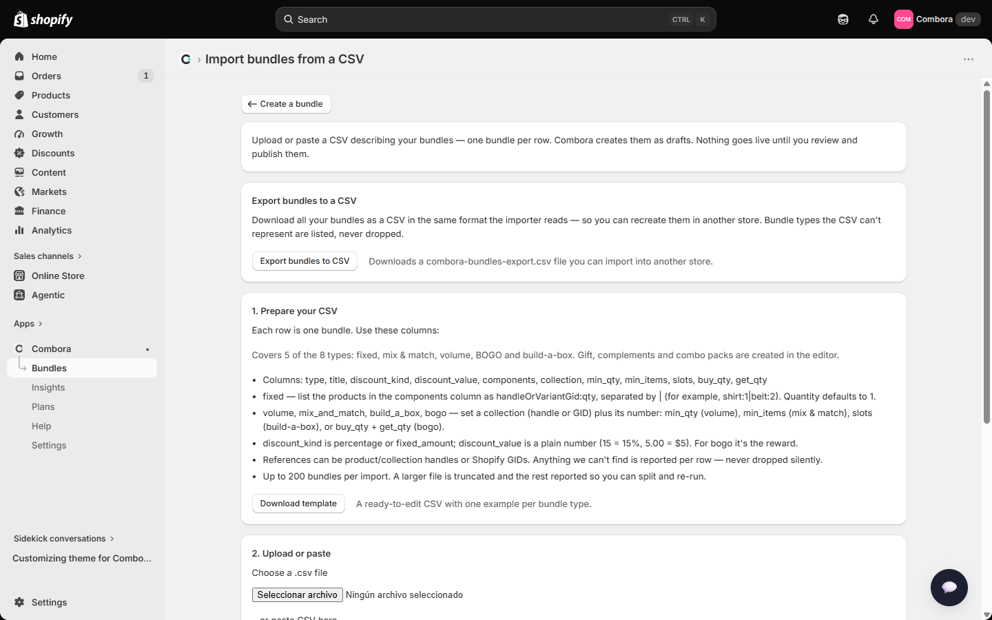 CSV import page with the column reference