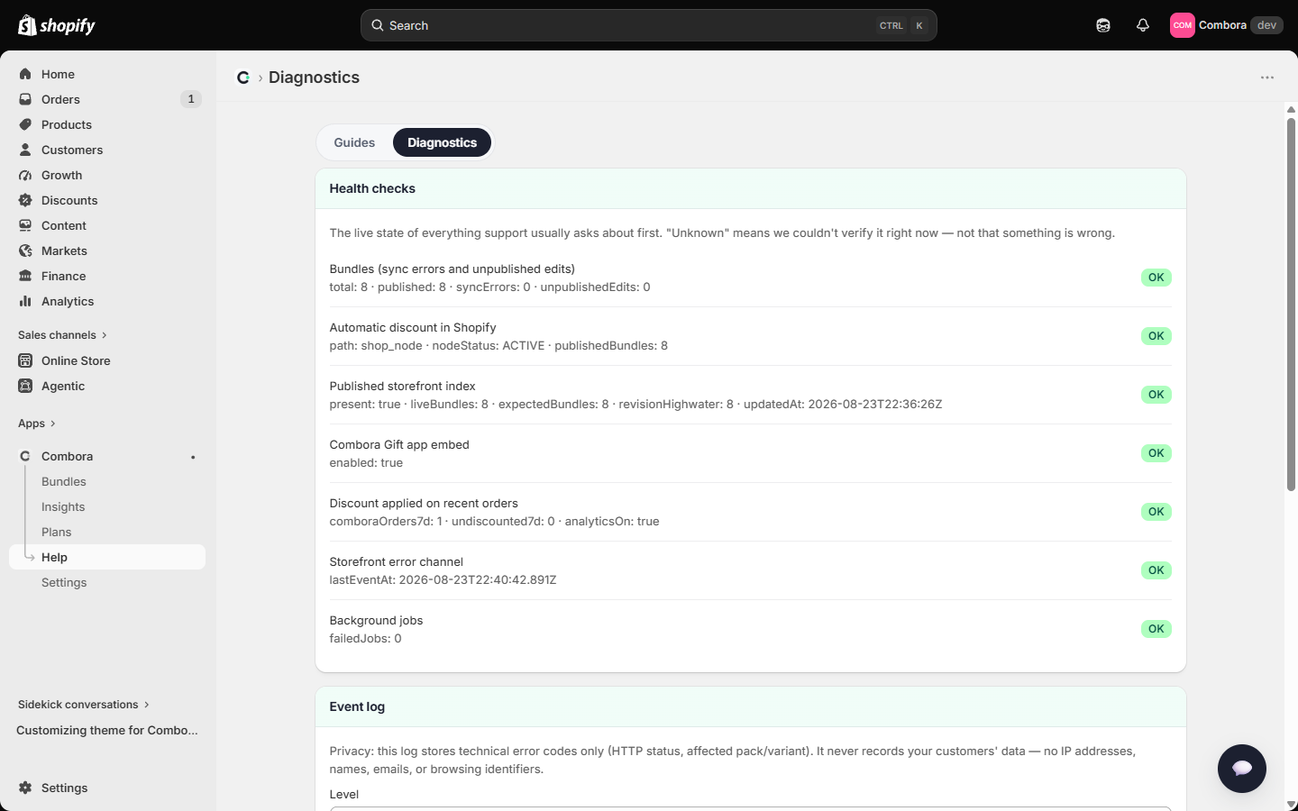 Diagnostics tab with health checks, log and report