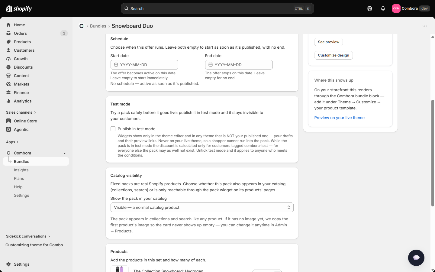 Test mode and Catalog visibility in the fixed bundle editor