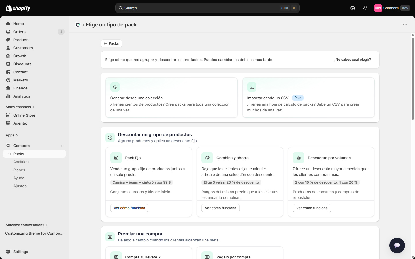 Galería de tipos al crear un pack