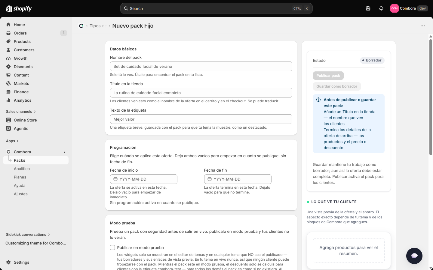 Editor vacío con checklist Antes de publicar