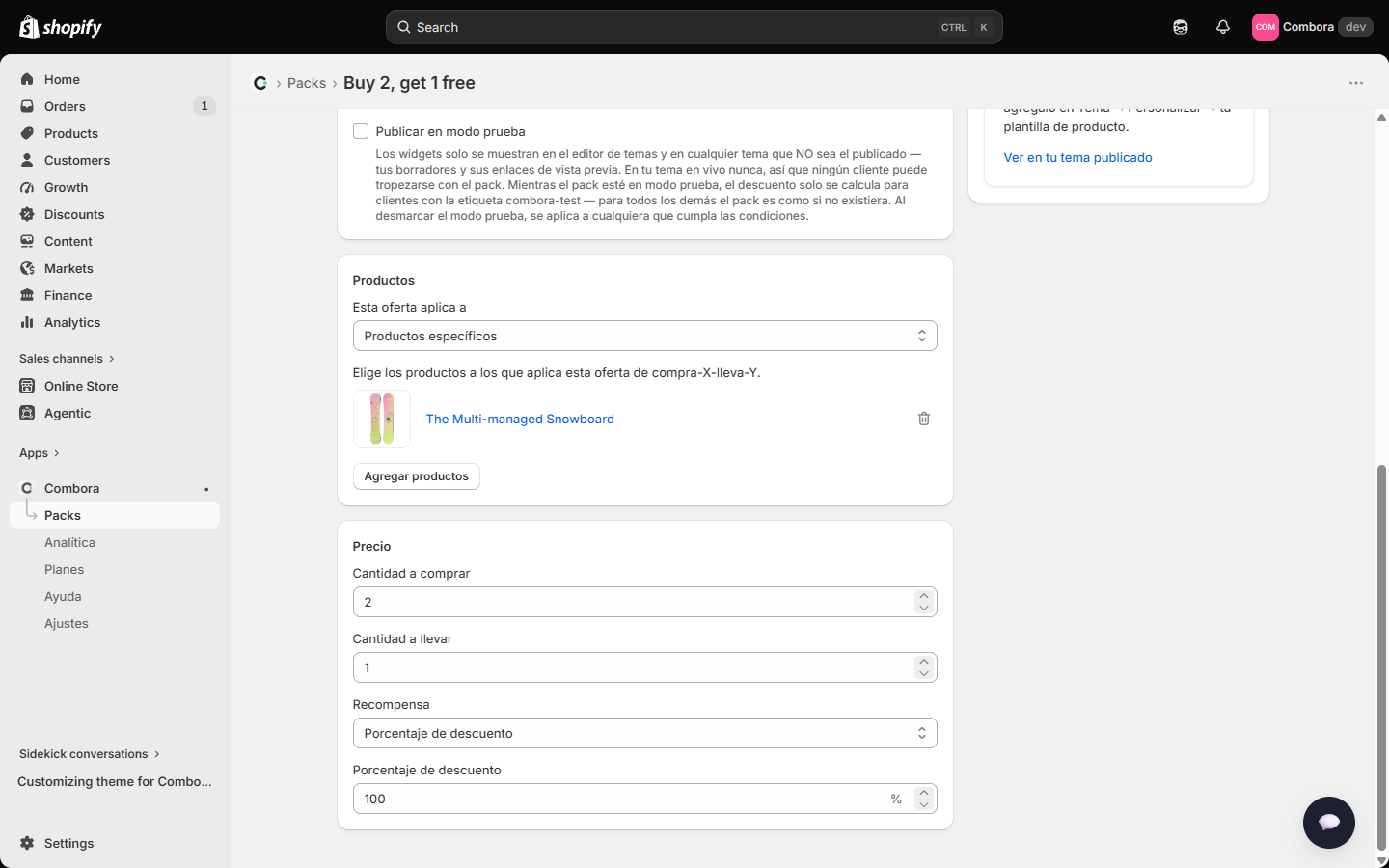 Editor BOGO — cantidad a comprar, a llevar y recompensa