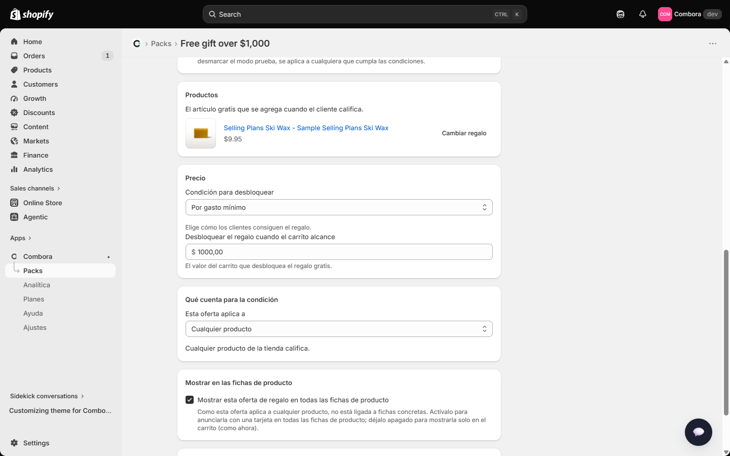 Editor GWP con la condición de gasto mínimo y los productos que cuentan