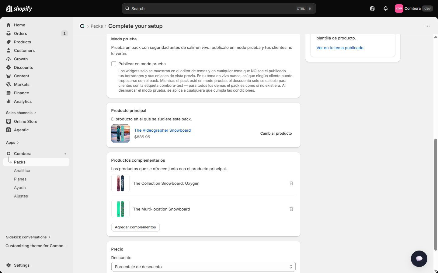 Editor de complementos con producto principal y sugerencias