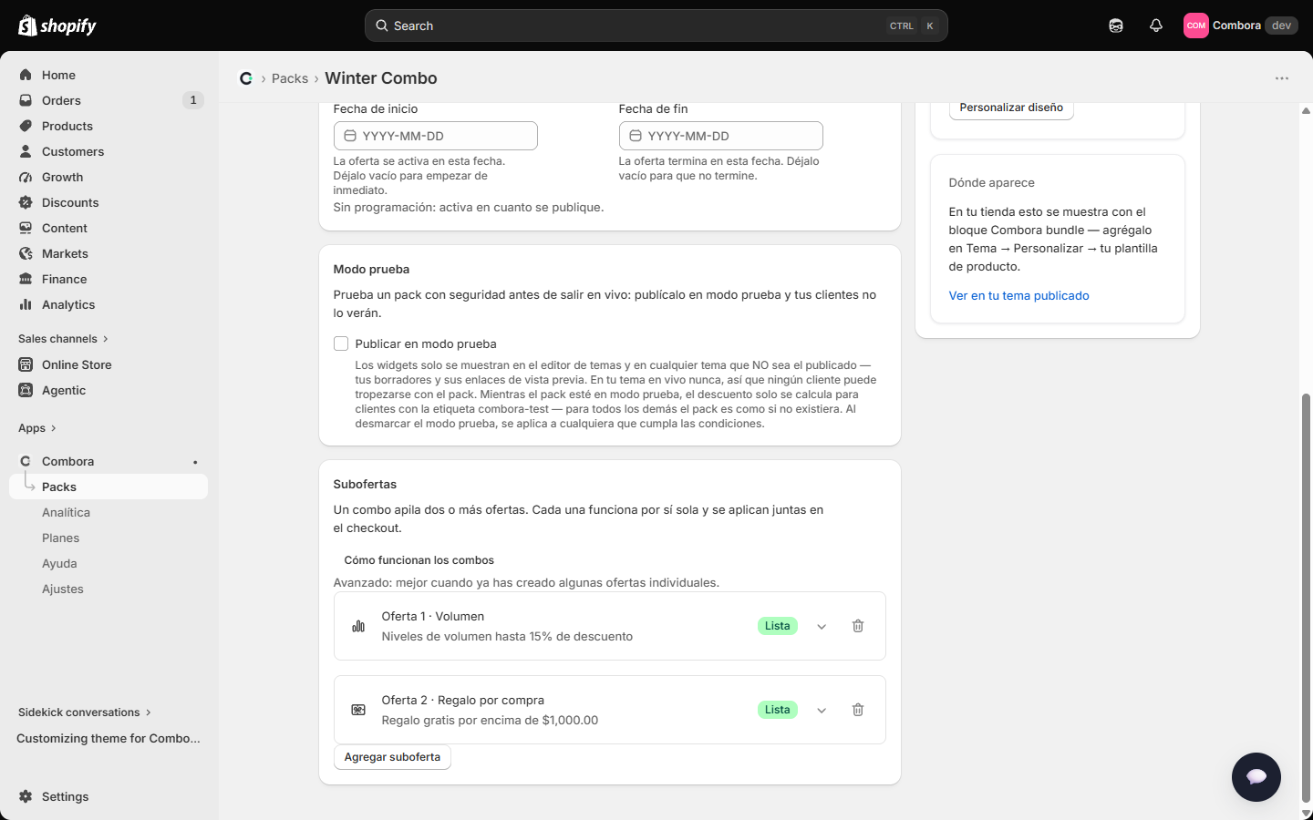 Editor de combo con dos subofertas listas
