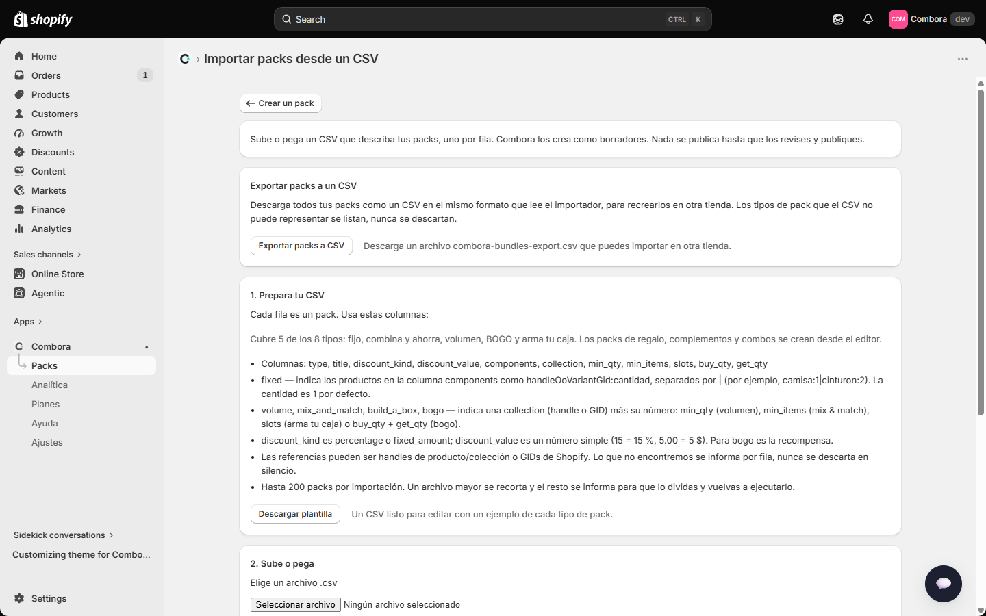 Página de importación CSV con la referencia de columnas
