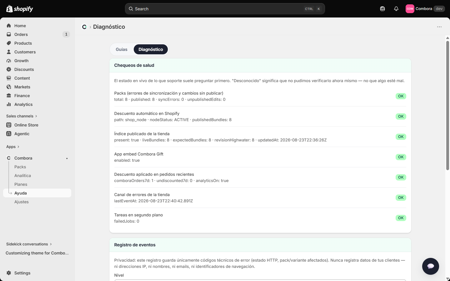 Pestaña Diagnóstico con chequeos de salud, registro e informe