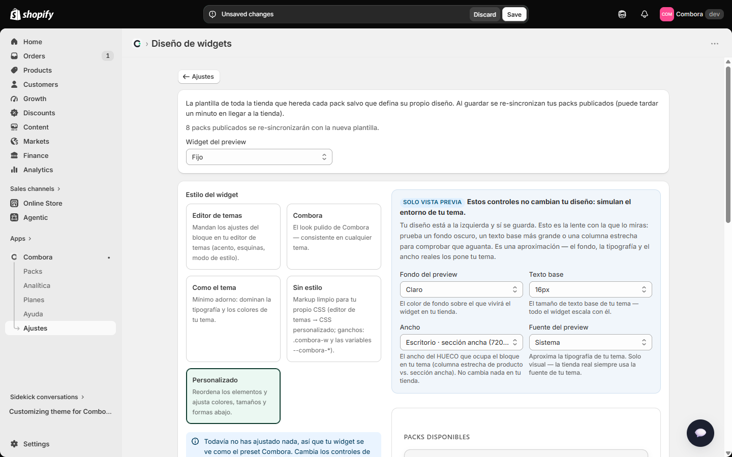 Preset Personalizado: disposición, estilo global y ajuste fino por elemento
