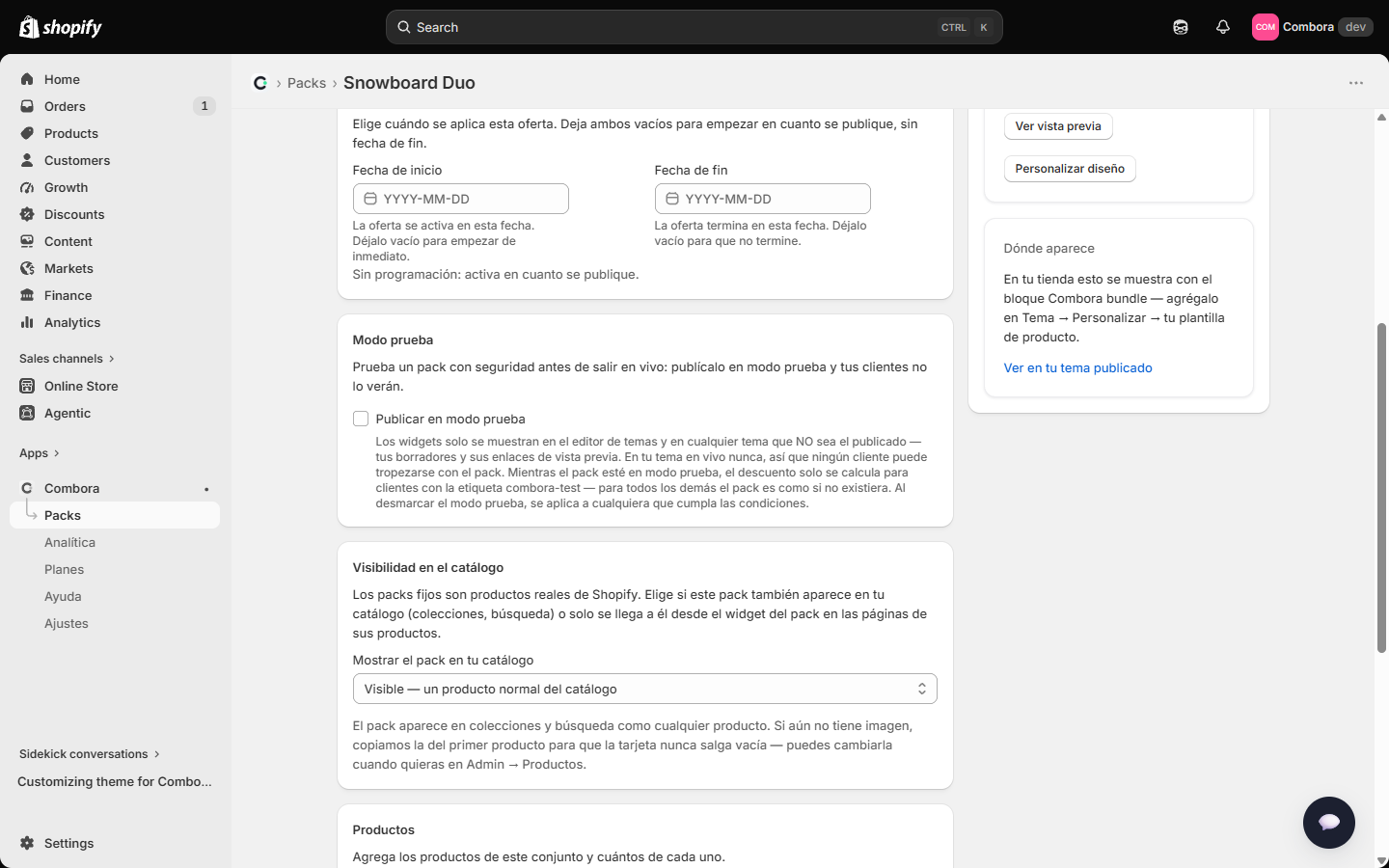 Modo prueba y Visibilidad en el catálogo en el editor del pack fijo
