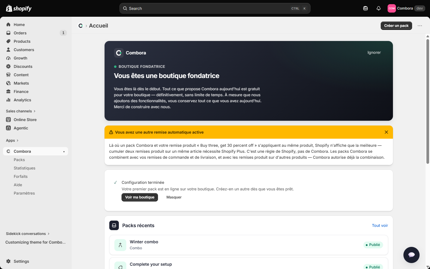 Écran d'accueil avec la checklist de configuration
