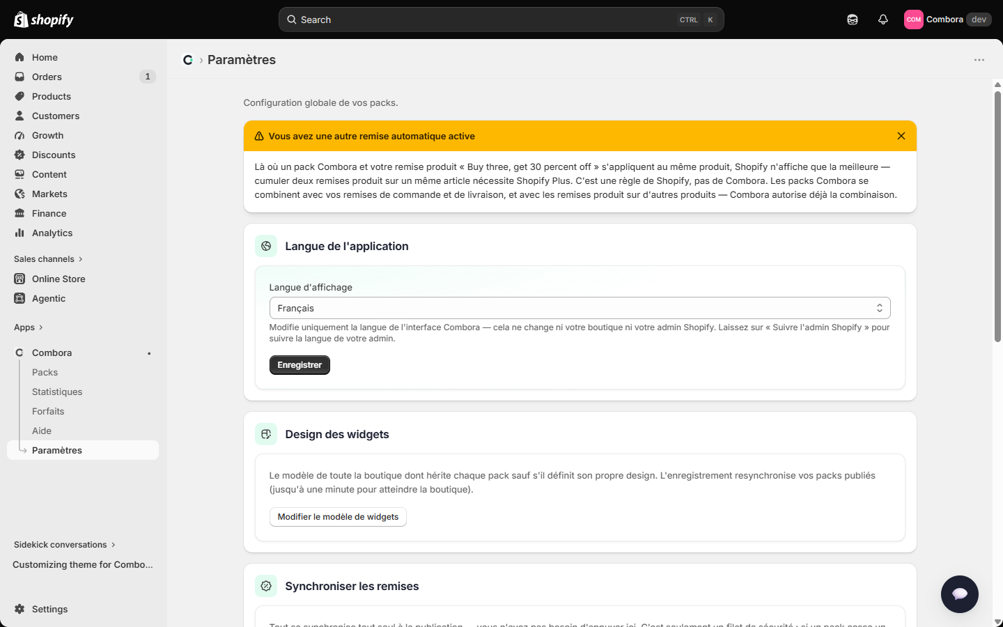 Page des paramètres