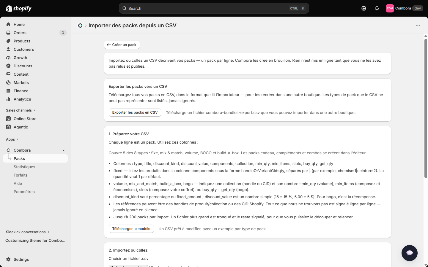 Page d'import CSV avec la référence des colonnes