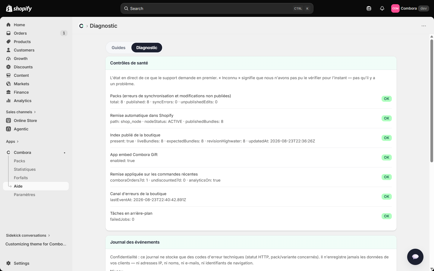 Onglet Diagnostic avec les vérifications de santé, le journal et le rapport