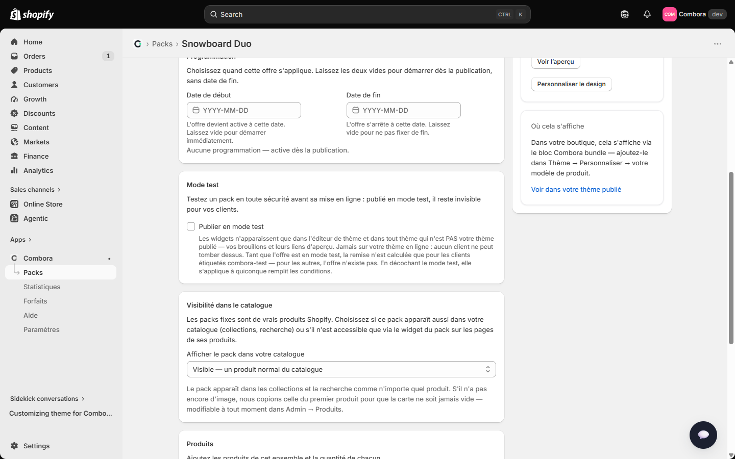 Mode test et Visibilité dans le catalogue dans l'éditeur de bundle fixe