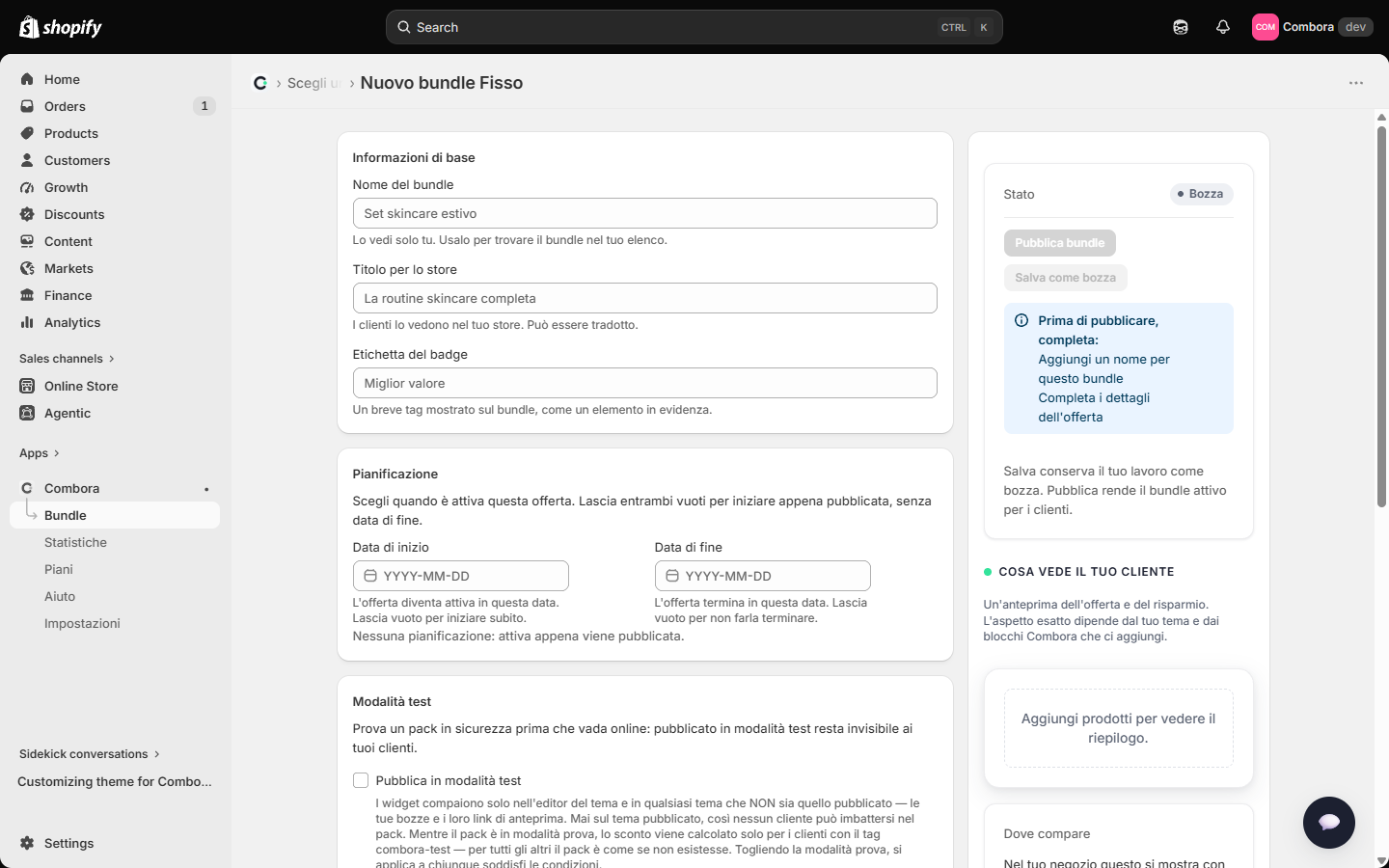 Editor vuoto con la checklist Prima di pubblicare