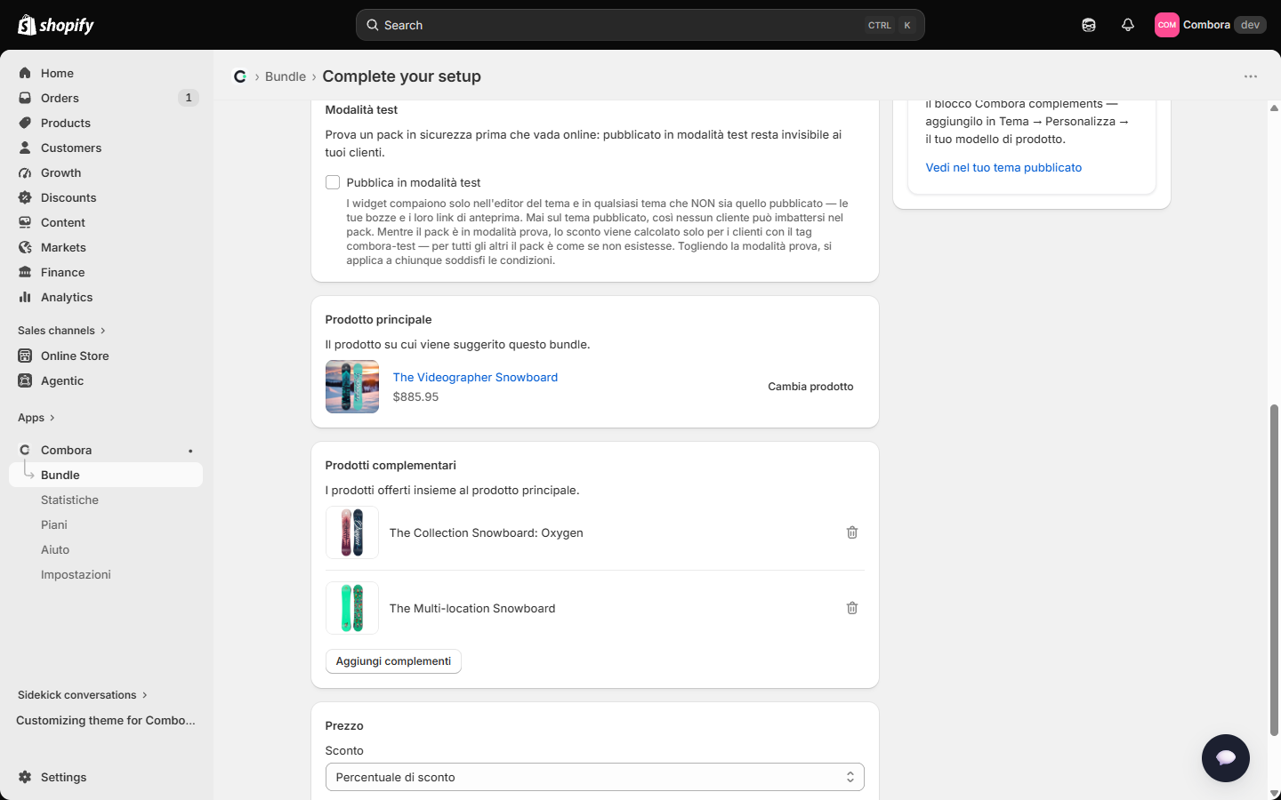 Editor Complementi con prodotto principale e suggerimenti