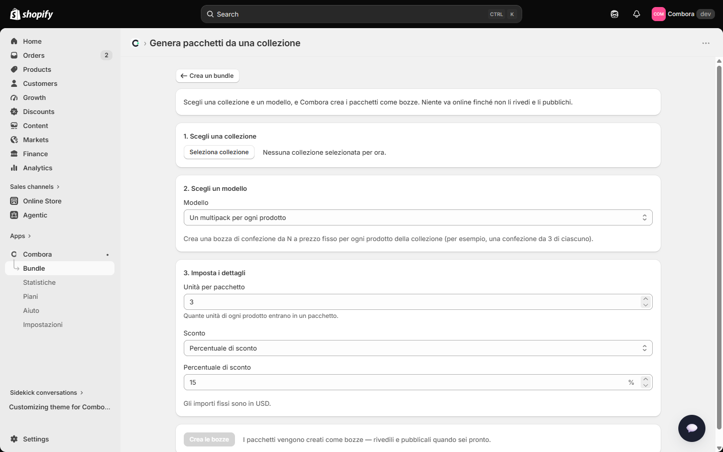 Generatore configurato con una collezione e un template