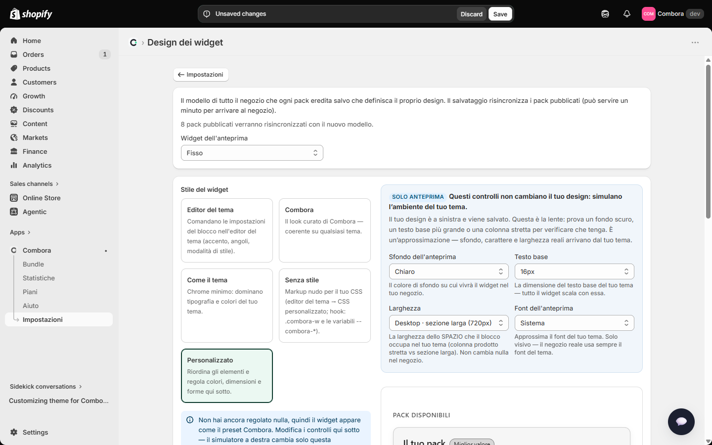 Preset Personalizzato: layout, stile globale e regolazione fine per elemento