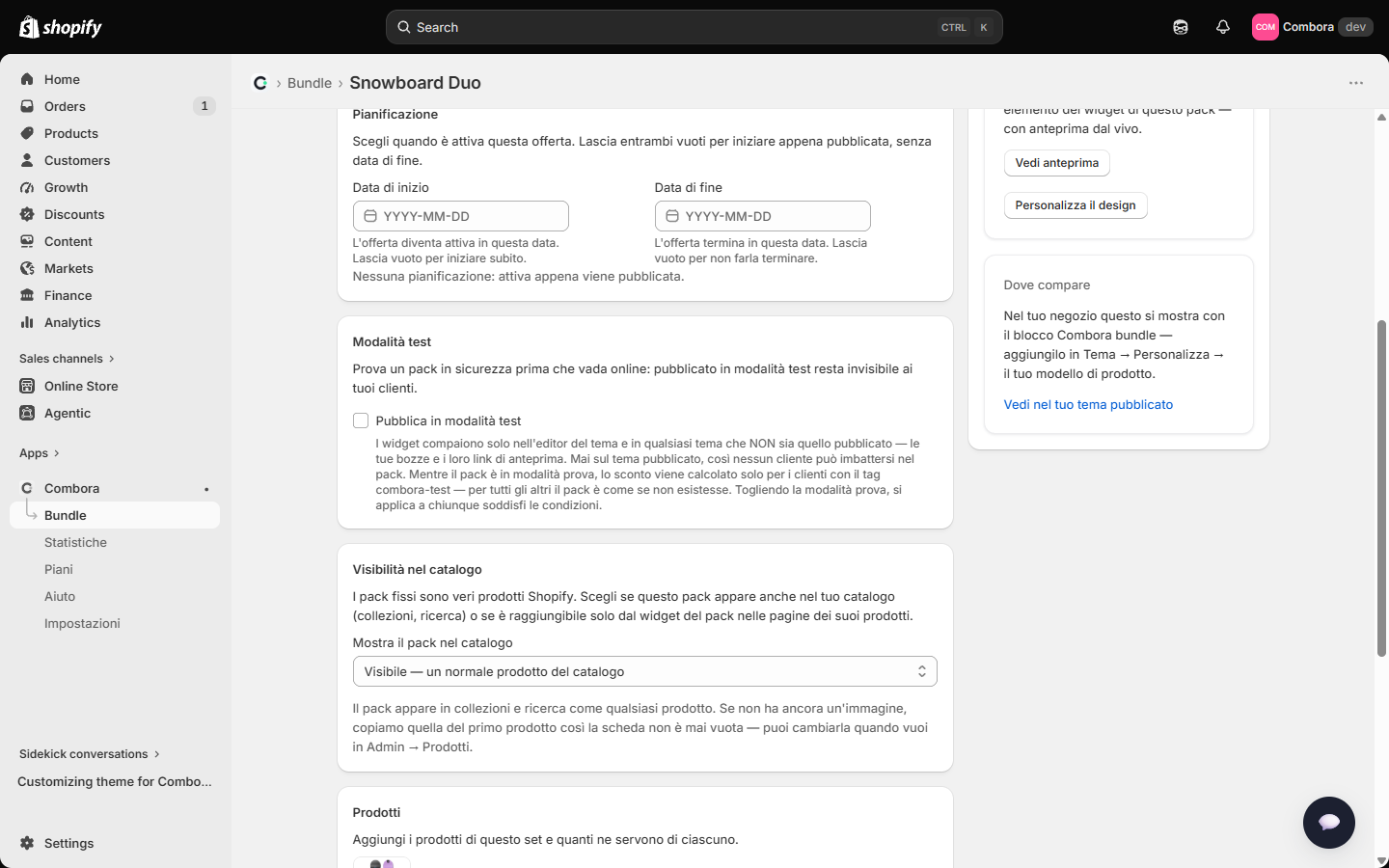 Modalità test e Visibilità nel catalogo nell'editor del bundle fisso