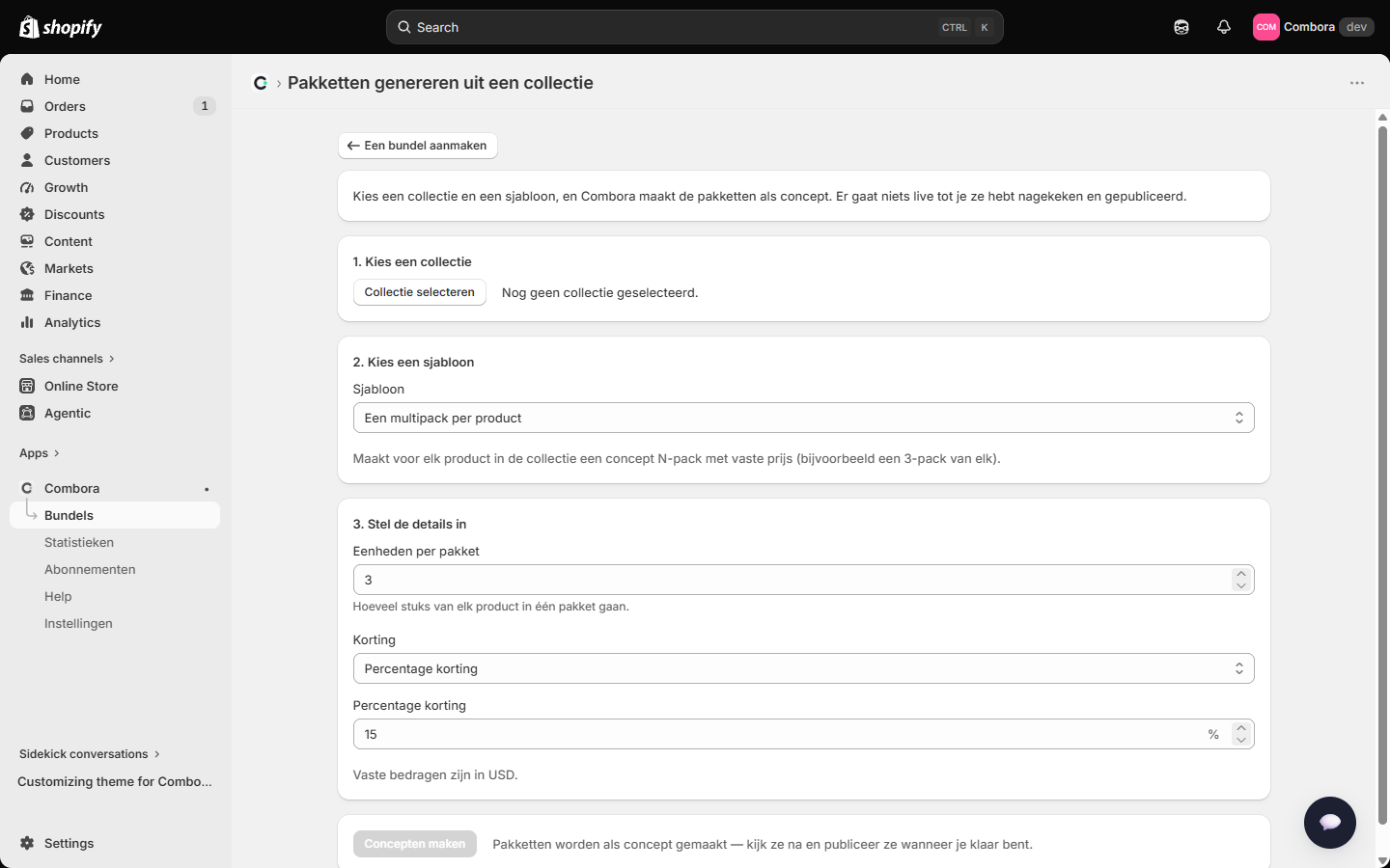 Generator geconfigureerd met een collectie en een sjabloon