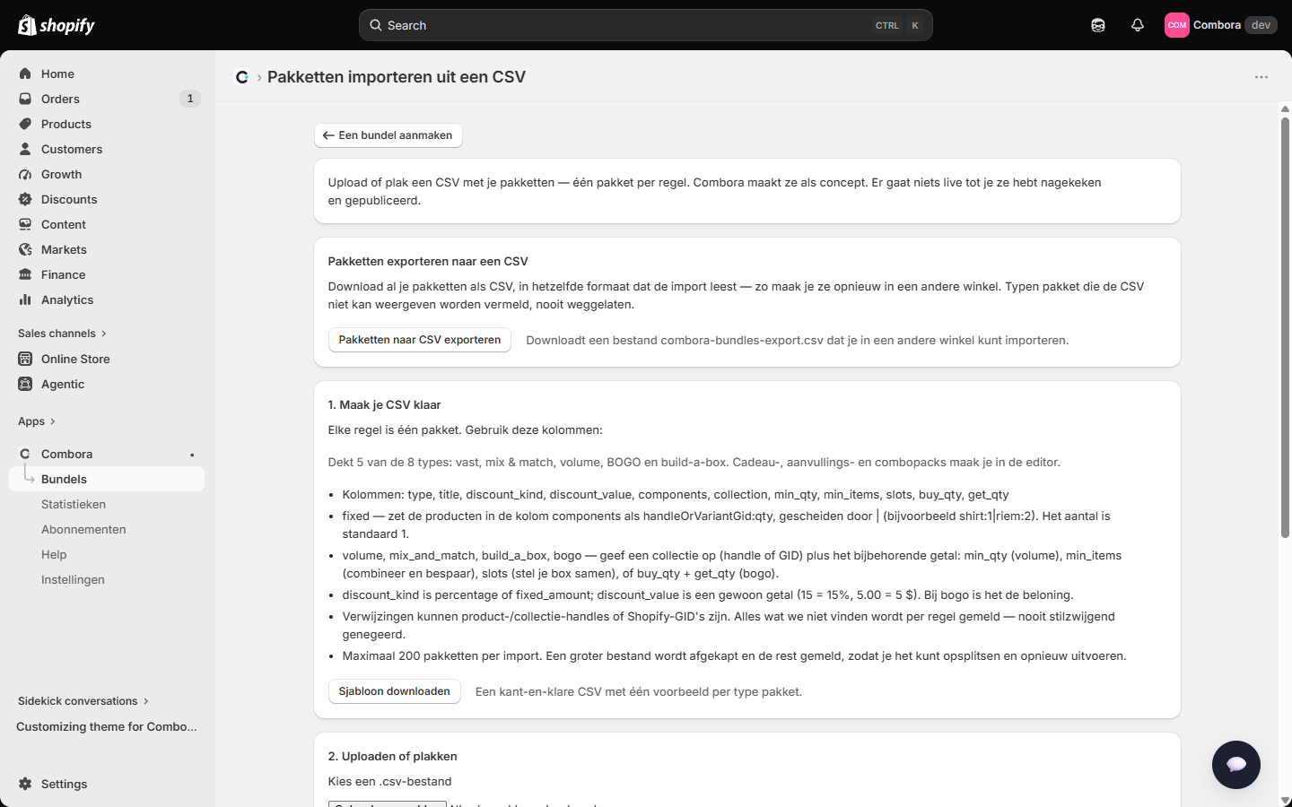 CSV-importpagina met de kolomreferentie