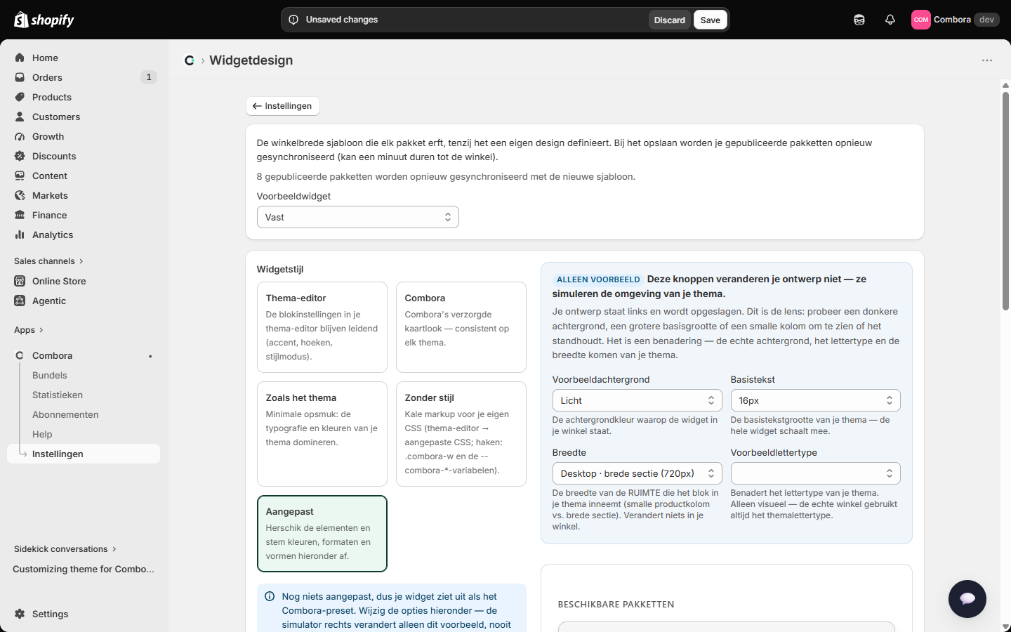 Preset Aangepast: layout, algemene stijl en fijnafstemming per element