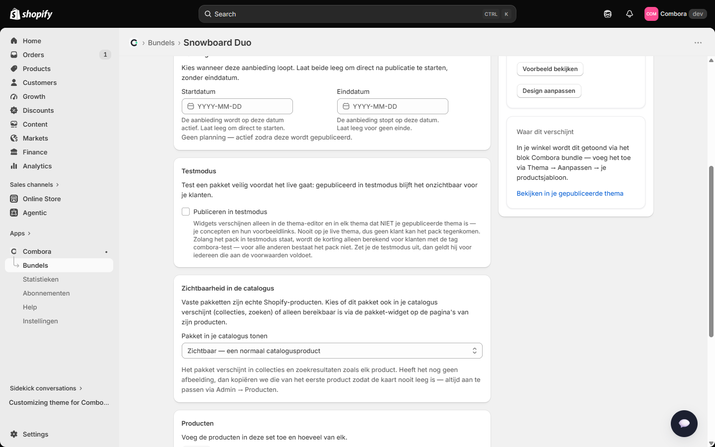 Testmodus en Zichtbaarheid in de catalogus in de editor voor de vaste bundel