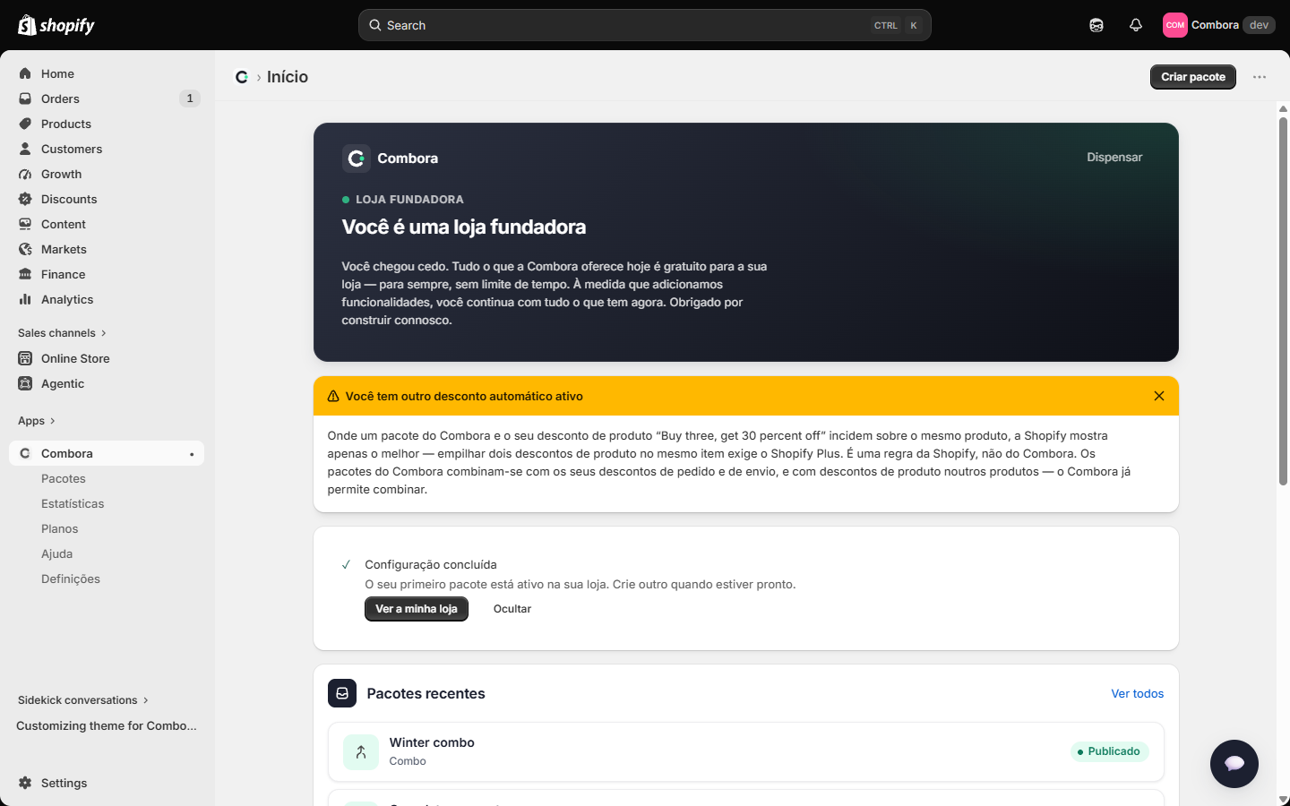 Ecrã Início com a lista de configuração
