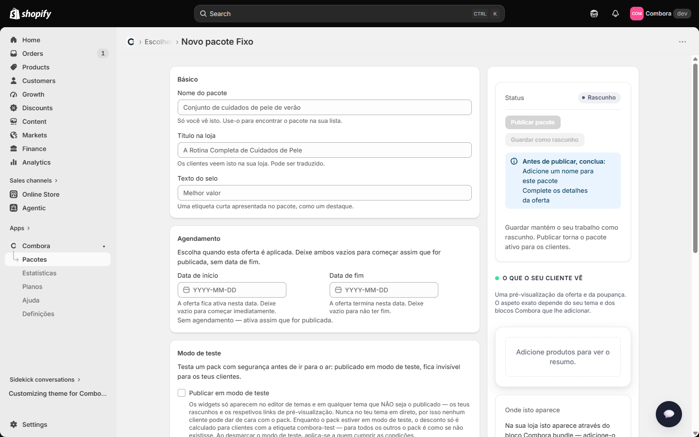 Editor vazio com a lista Antes de publicar