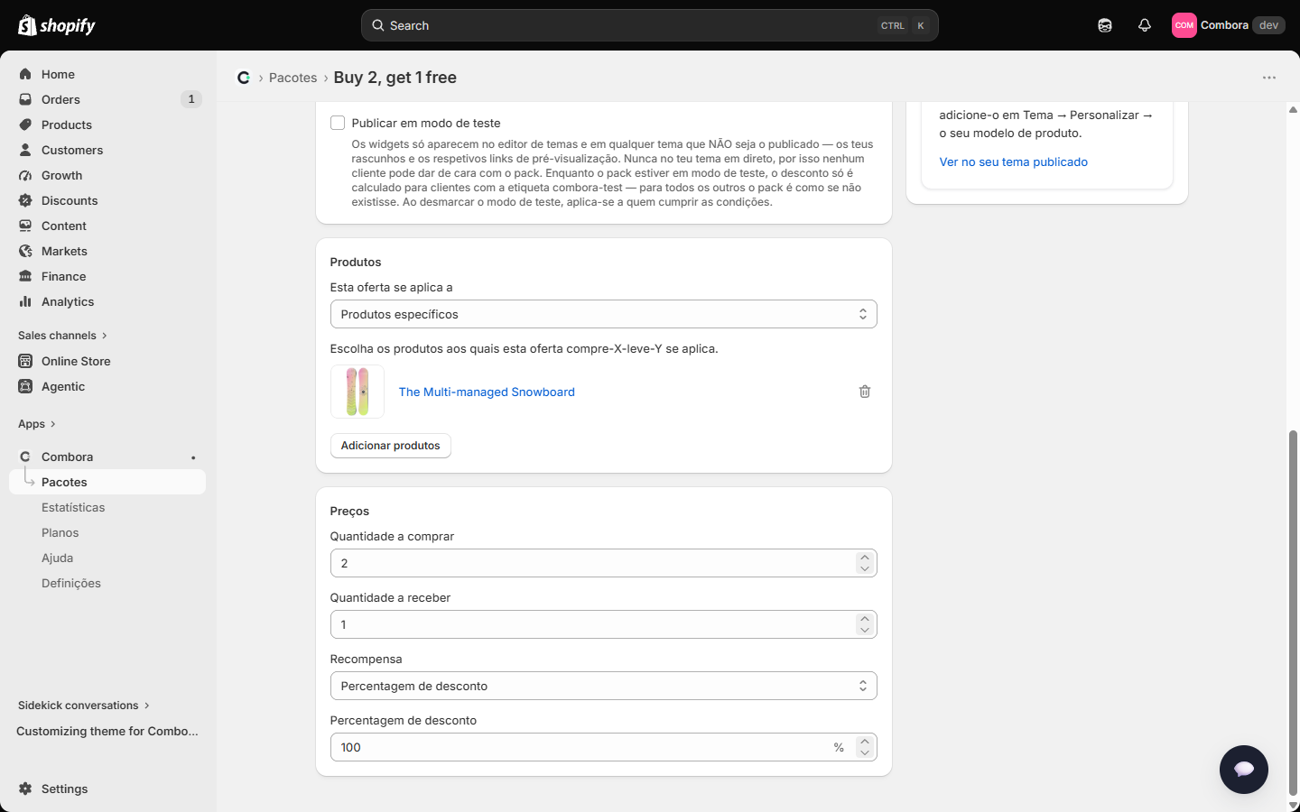 Editor BOGO — quantidade a comprar, a levar e a recompensa