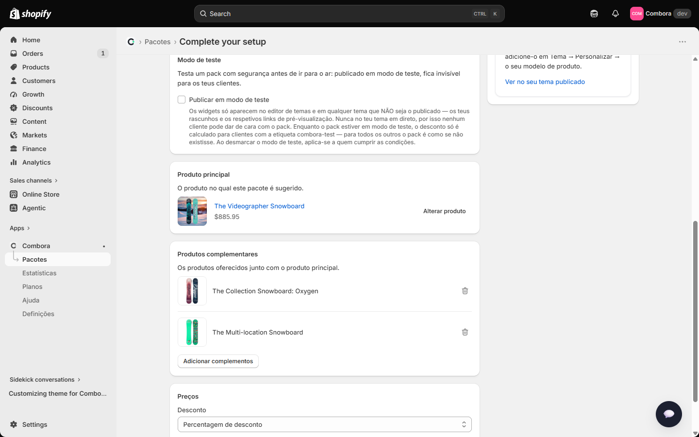 Editor de complementos com produto principal e sugestões