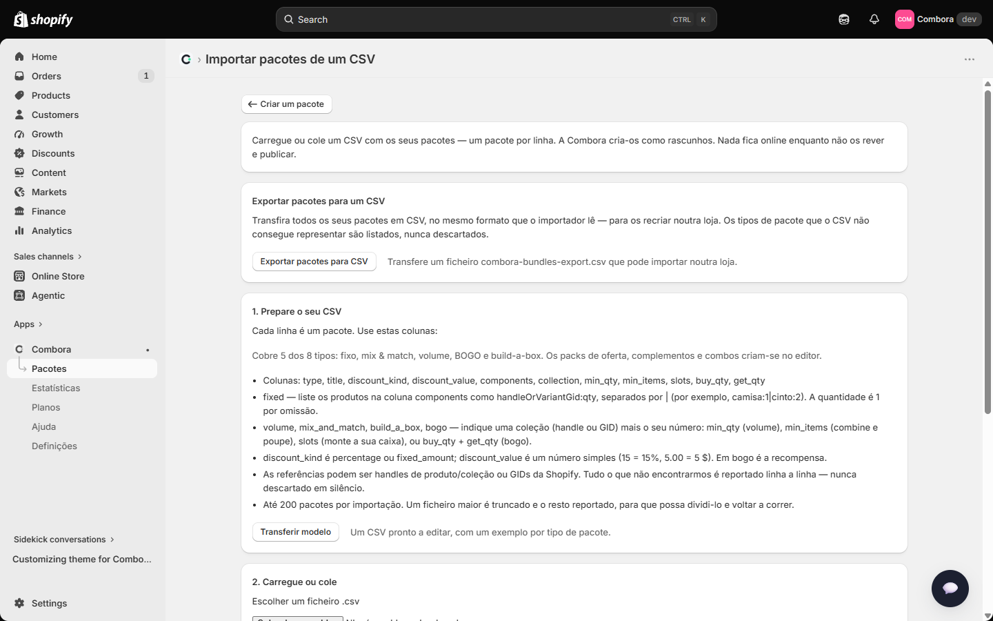 Página de importação de CSV com a referência das colunas