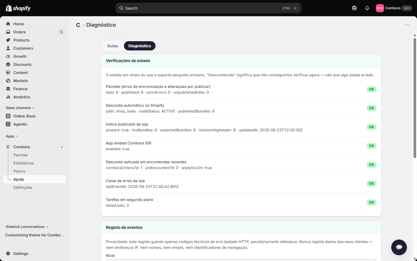 Separador de diagnóstico com verificações de saúde, registo e relatório